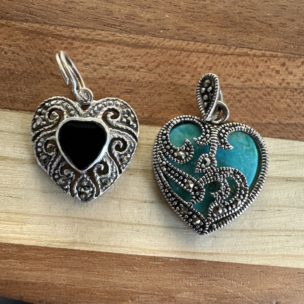 VTG Heart Pendant Charms 1 Inch Turquoise Black Onyx Marcasite 925 Sterling 4.5g